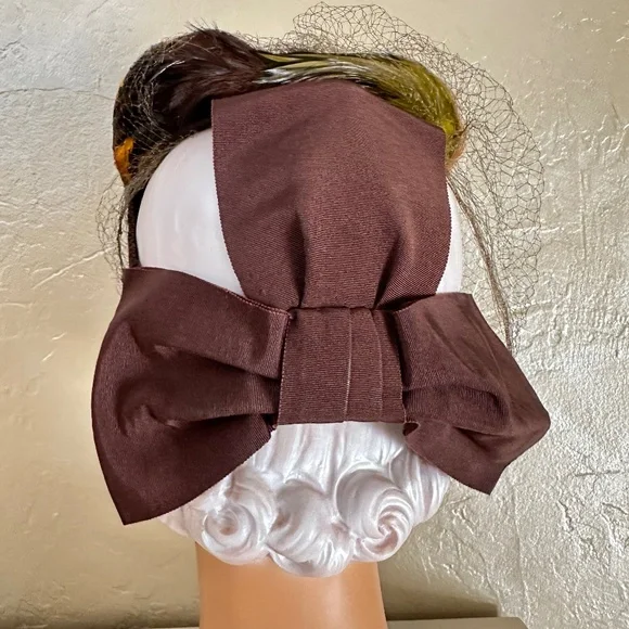 DEBONAIR 1930s' TILT HAT COVERED BY MULTICOLORED FEATHERS + BACK STRAP + VEIL